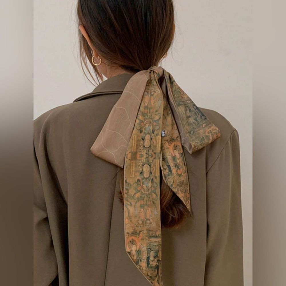 Anthropologie Printed Silk Scarf in Olive and Tan
